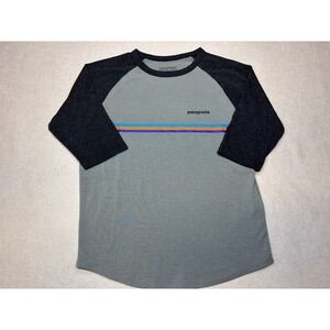 Patagonia Shirt Boys Small 7-8 Gray Knit Raglan Graphic Tee Stripes
